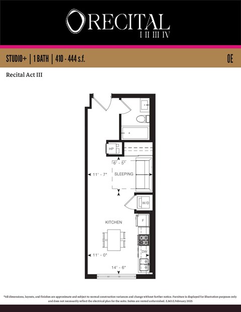 Floor plan for studio, 1 bath, 444 sqft
